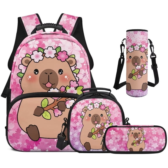 XYZCANDO Capybara Cherry Blossom School Backpack Set 4Pcs with Portable Lunch Bag Multifunctional Pencil Case Water Bottle Bag Carrier Suitable for Elementary Middle School