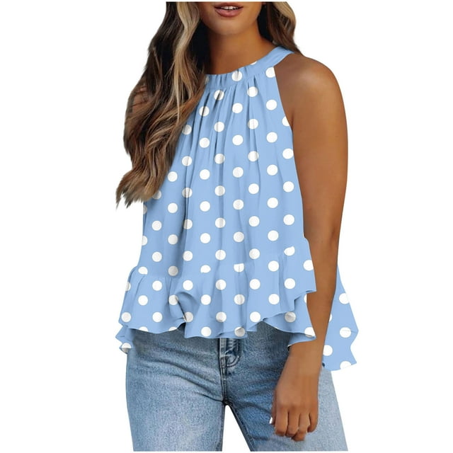 Weiqiqre Women's Tops Adjustable Tie Neckline Ruffle Hem Sleeveless Flowy Halter Tops
