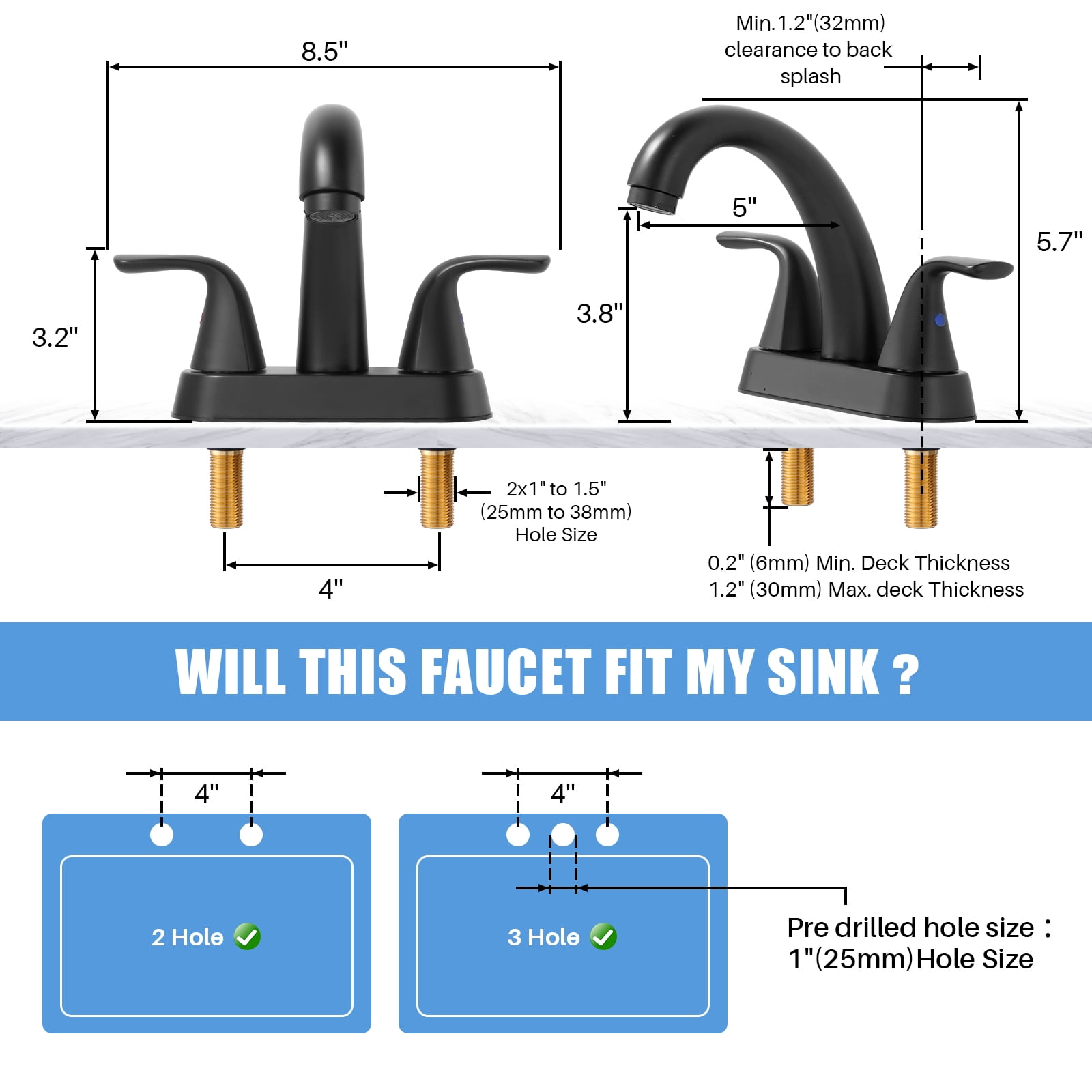 Wowow 4 inch Centerset 2-Handle Bathroom Faucet in black for Bathroom Sink with Pop Up Drain