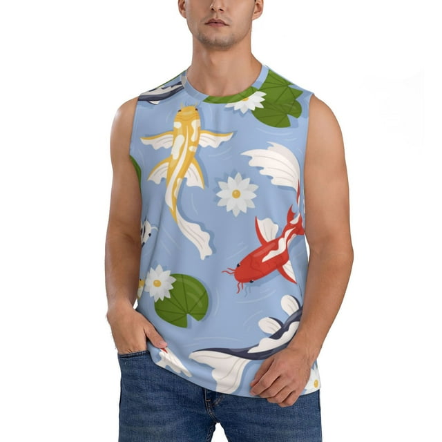 Fotbe Colorful Koi Fish Men's Camiseta sin Mangas Estampada para Hombres, Playera Casual para Gimnasio, Entrenamiento, Playa-Medium