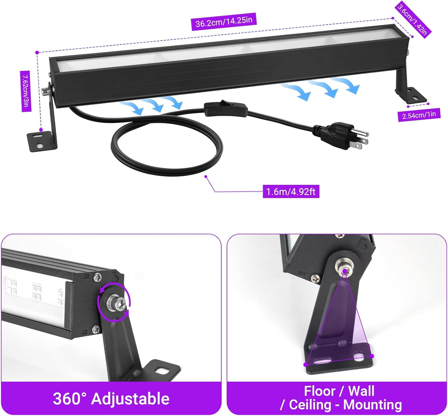 38W LED Black Light Bar Blacklight Bars with Plug and Switch Light Up 22x22ft Area for Glow Party Halloween Parties Bedroom Decorations Stage Lighting -1pack Carrying a Remote Control