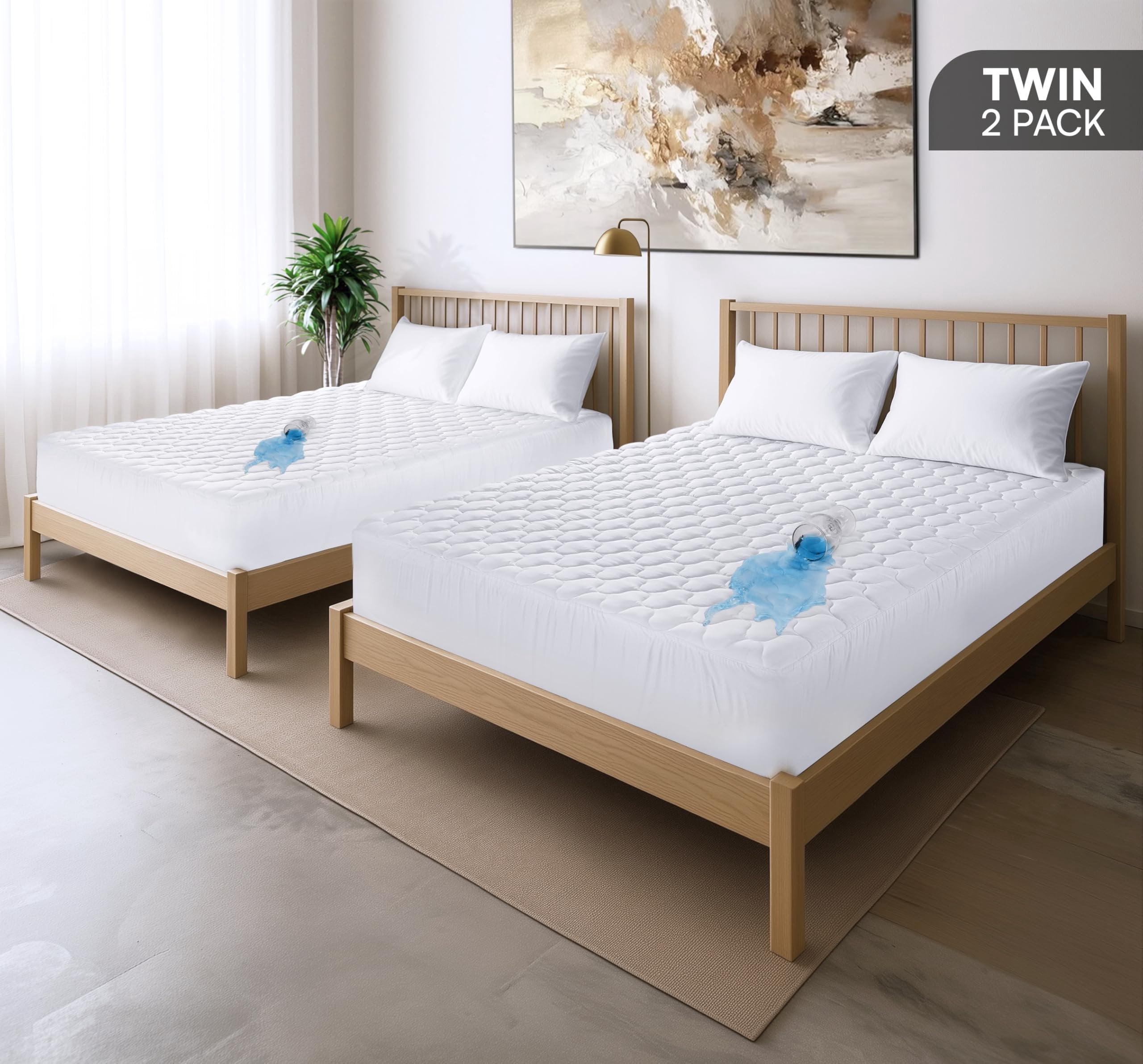 Utopia Bedding 2 Pack Waterproof Mattress Protector, Twin Mattress Pad, Quilted Fitted Cover with Deep Pocket Stretches up to 16 Inches (White)
