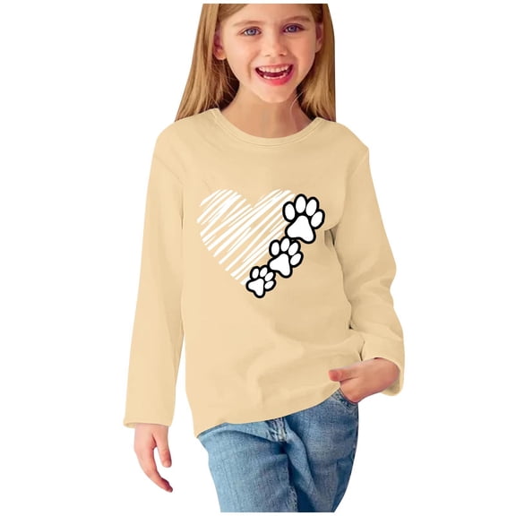 Mikilon Girls Long Sleeve Printed Shirts Size 4-14 Cute Round Neck Tops Casual Comfortable Blouses Soft Pullover Fall Versatile Kids Clothes