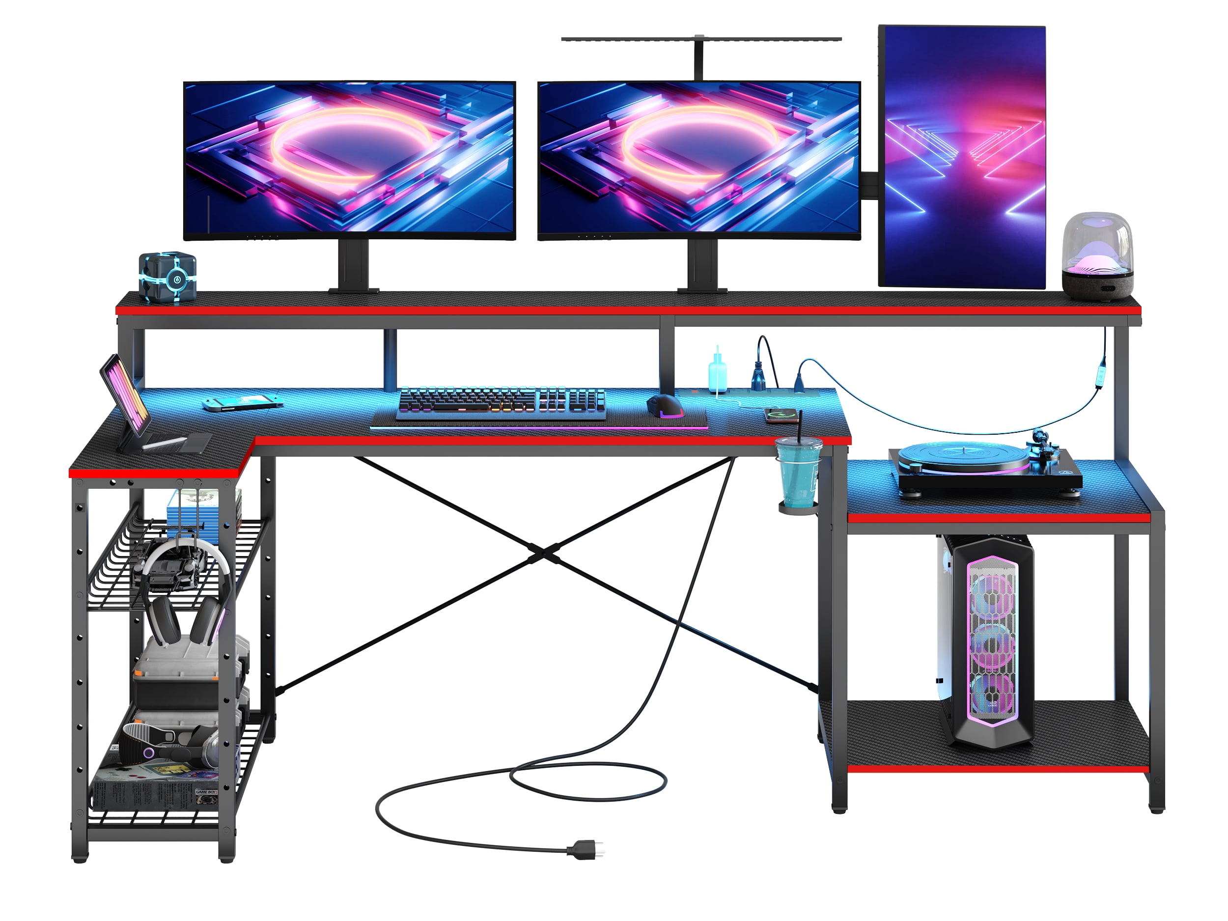 Bestier 71 inch L-Shaped Gaming Desk with Power Outlets LED Computer Office Table with Monitor Stand & Storage Shelf in Black Carbon Fiber