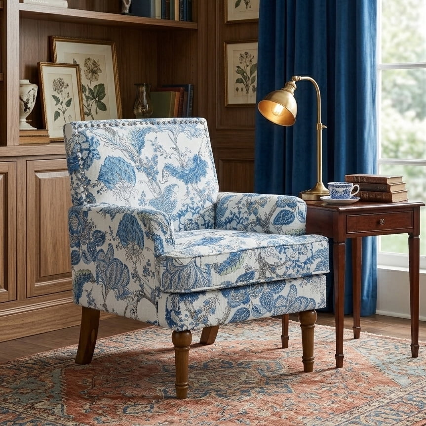Aukfa Floral Accent Chair - Upholstered Armless Reading Chair with Nailhead Trim & Turned Wood Legs, Blue