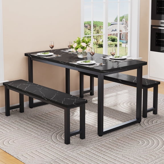 PAPROOS Dining Table Set for 4, 3-Piece Kitchen Table Set with 2 Benches, Dining Room Table Set with Metal Frame, Breakfast Nook Furniture Set for Home Cafeteria Bar Dining Room, Black