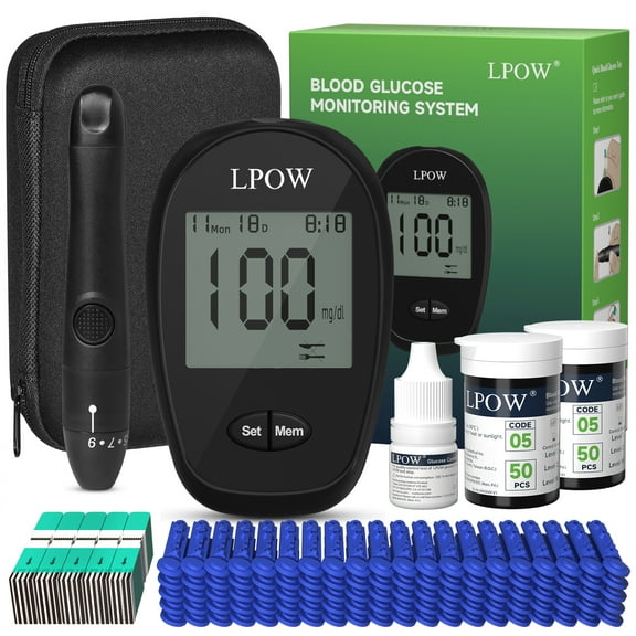 LPOW Blood Glucose Monitor Kit, 100 Glucometer Strips, 100 Lancets, 1 Blood Sugar Monitor, 1 Control Solution, Lancing Device and Carrying Bag