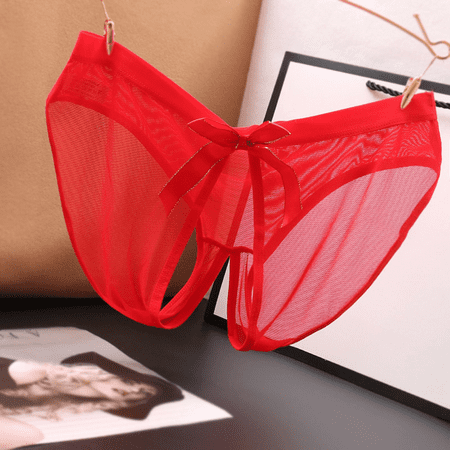 Fulorrnie Women s Low Rise Open Back Lace Thong Panties Bow Accent Breathable Mesh Underwear for Women  Red  One Size