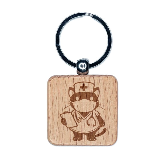 Serious Nurse Doctor Cat with Stethoscope Square Keychain Charm Tag - Engraved Wood