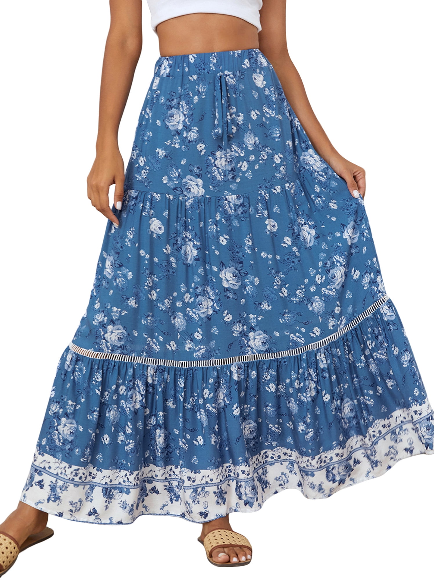 Blotona Women Teen Summer Vintage Bohemian Floral Maxi Skirt Elastic ...