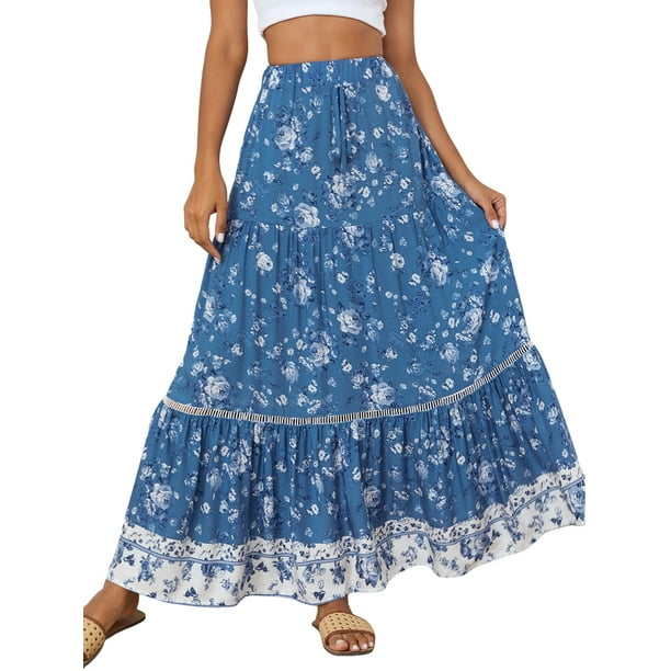 Blotona Women Teen Summer Vintage Bohemian Floral Maxi Skirt Elastic ...