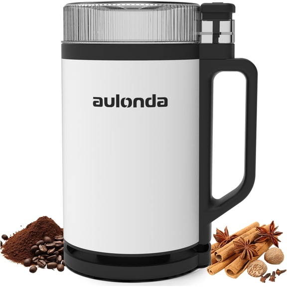 Professional Electric Coffee Grinders,10 OZ Large Capacity or Coffee Beans & Spices,One Touch Push-Button Control,350W Motor with Stainless Steel Blades,Safety Lid Lock - White