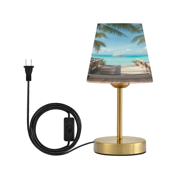 Cone Desk Lamp Antique Bronze Base & Linen Shade Bedside Table Lamp for Bedroom Living Room, Office, Dorm Palm Trees and Ocean Small