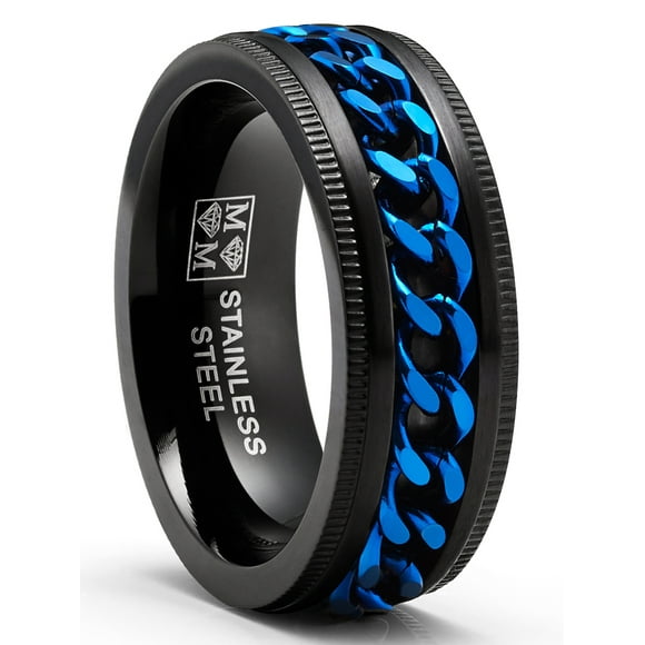 Men's Stainless Steel Curb Chain Link Spinner Fidget Ring Anxiety Band Black Blue 8MM