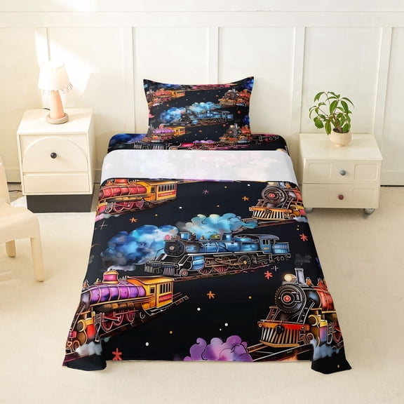 Manfei Vintage Train Twin Sheets,Colorful Railway Bedding,3 Pieces,1 Fitted Sheet and 1 Pillowcase