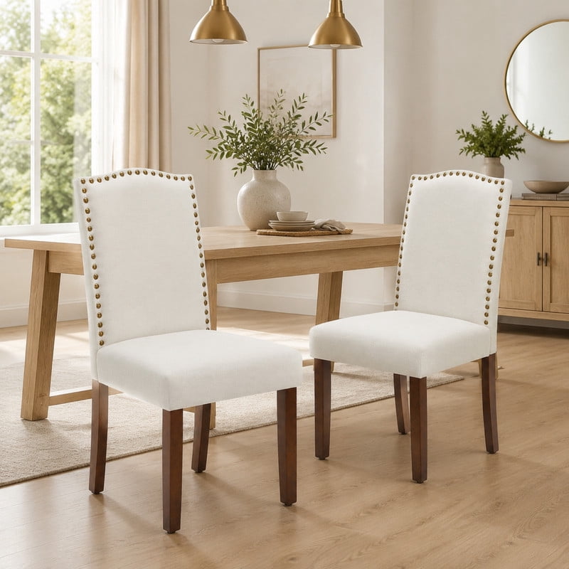 BEAUTYPEAK Dining Chairs Set of 2 Upholstered Parsons Chairs with Nailhead Trim Padded Linen Seats and Wood Legs, Beige