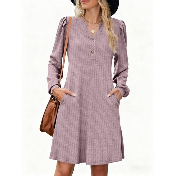 BRGZLK Womens Long Sleeve Dress Fashion Fall V Neck Casual Dresses 2025 Sweater Dress Knit A Line Flowy for Winter Solid Color Button Pockets Dress Purple S