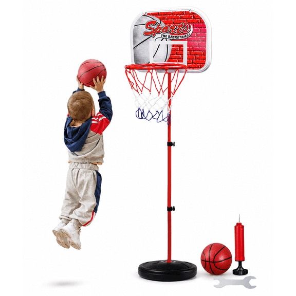 Adjustable Basketball Hoop Set, Up to 5FT Height, 13.4" Compact Backboard, Portable with Basketball, Ball Pump & Assembly Wrench for Indoor Outdoor