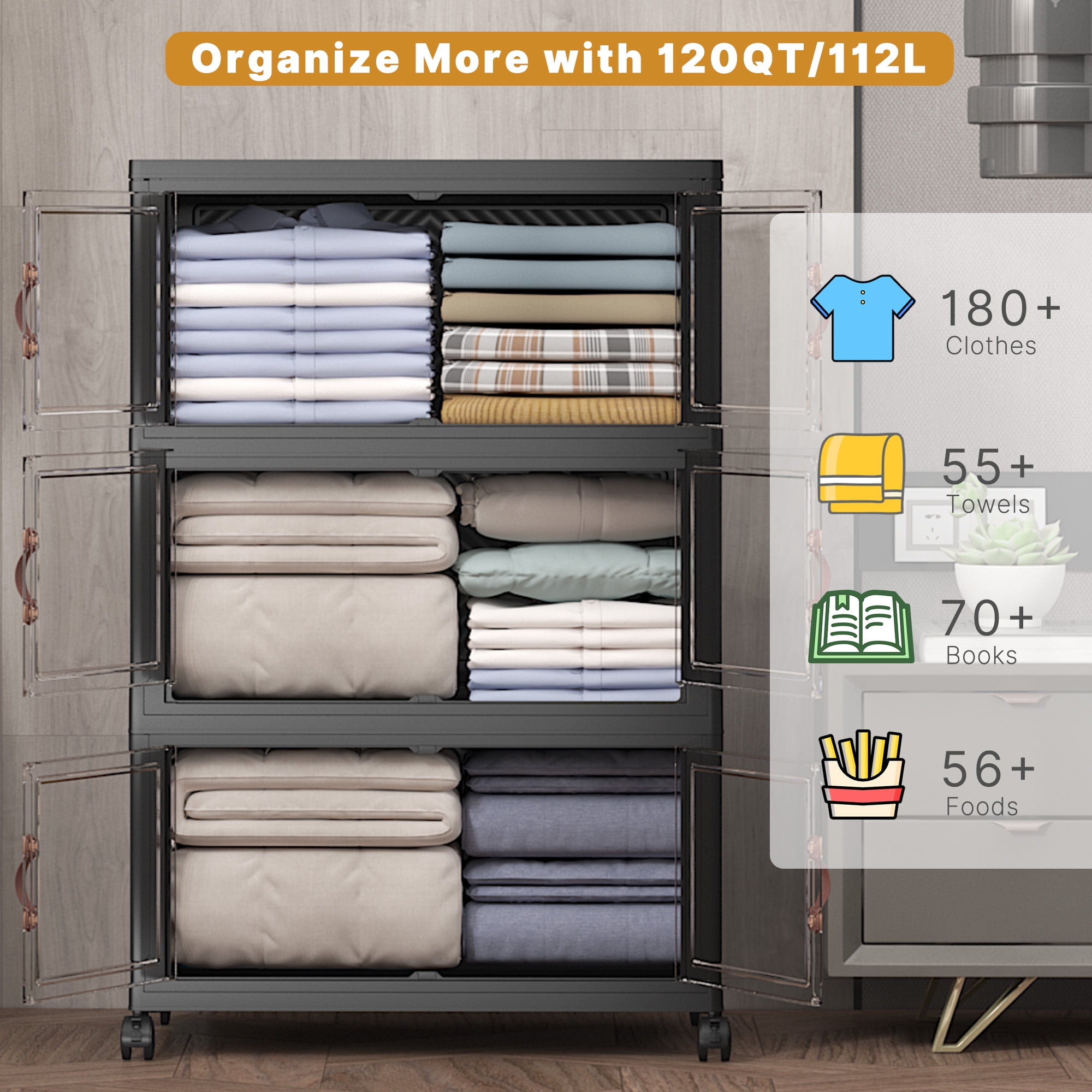 UAMFURI 336QT Stackable Storage Bins with Lids and Wheels, Foldable Closet Organizers, 28GAL*3Pack Plastic Storage Drawers for Kitchen, Bedroom, Dorm