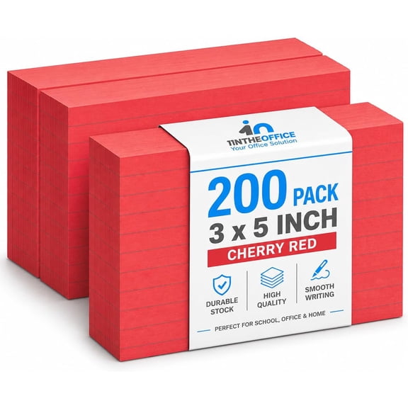 1InTheOffice Ruled Red Index Cards 3x5, Cherry Red, 200/Cards