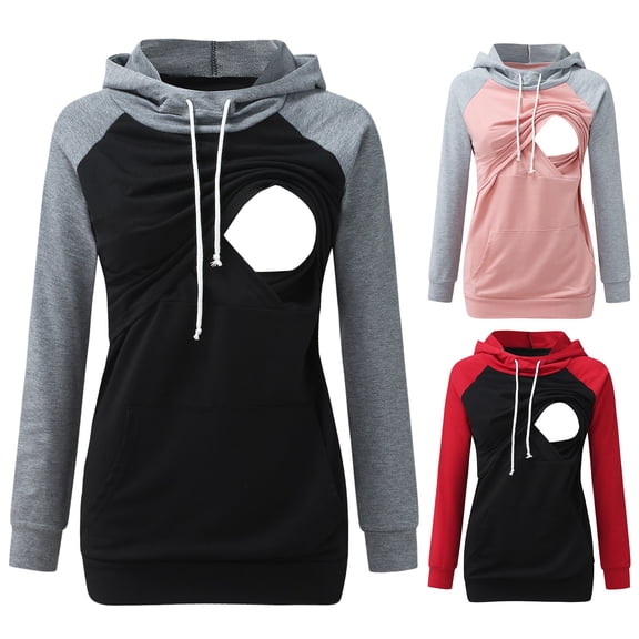 Lispipm Nursing Hoodie Sweatshirt for Women Long Sleeves Breastfeeding Tops Convenient Clothes for Mom with Drawstring Hat Grey L