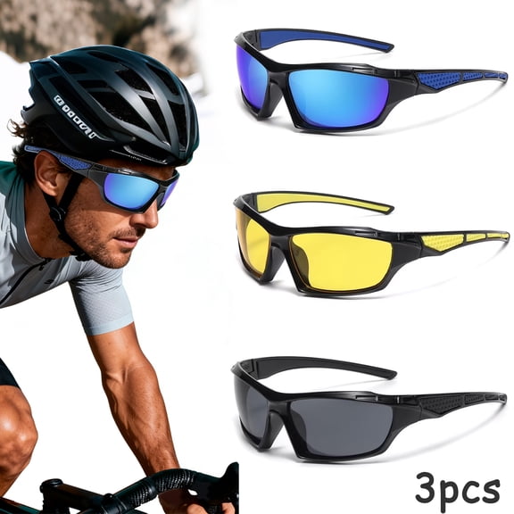 Deally 3 Pair Motorcycle Riding Glasses - Riding Goggles, UV Protection Anti-Wind Dustproof Goggles Motorcycle Sunglasses for Cycling, Fishing Outdoor Sports, Gray, Blue, Yellow