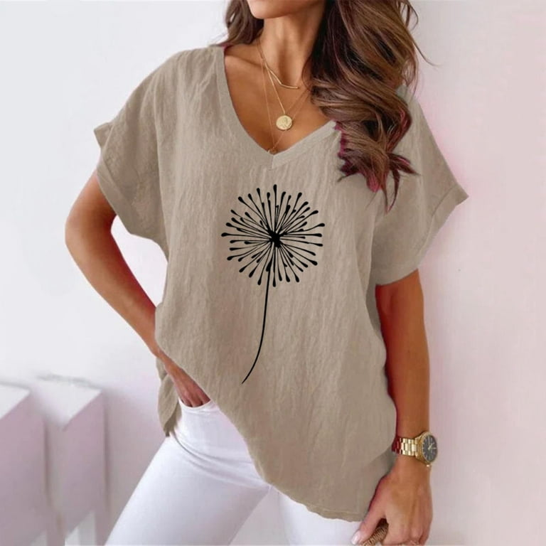 EHQJNJ Cotton V Neck T Shirts Women Suitable Fall Floral Printed