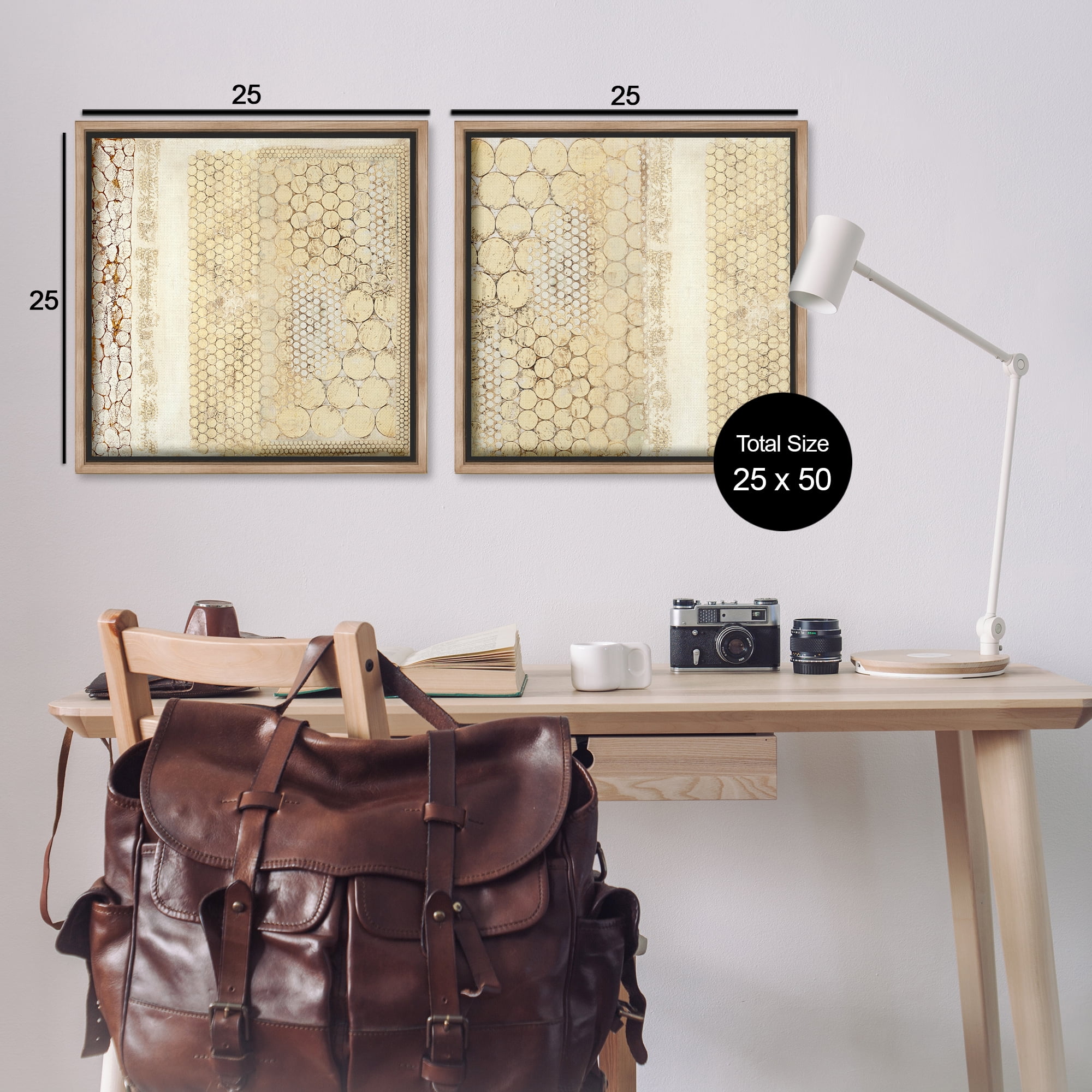 Stupell Industries Distressed Pale Yellow Circles Abstract Painting Brown Floater Framed Canvas Art Print Wall Art, 25 x 25, Set of 2