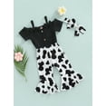 thumbnail image 4 of Musuos 3Pcs Baby Girls Romper Outfit, 6 12 18 24M Bow Short Sleeve Suspender Jumpsuit + Irregular Spot Bell-bottomed Pants + Headwear, 4 of 10