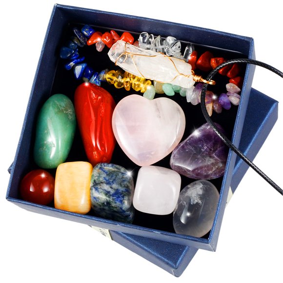 Juego de Cristales Curativos para Principiantes, Juego de Piedras de Chakra Natural con Caja de Regalo, Colgante y Pulsera, Juego de Curación de Cristales y Piedras Preciosas para Relajación y Estrés.