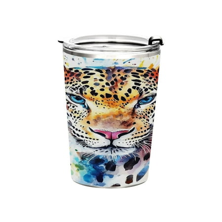 

11oz Double-Wall Vacuum Insulated Stainless Steel Tumbler with Straws Sports Mugs BPA-Free Watercolor Leopard Face