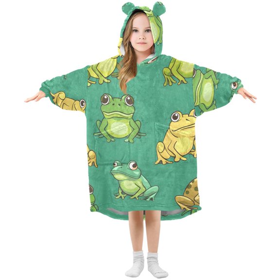 Cartoon Frogs Flannel Wearable Blankets Hooded Design Long Sleeves Wrap Unisex for 3T-14Y S