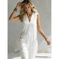 thumbnail image 5 of Women's Linen Jumpsuit Sleeveless V Neck Overalls Loose Button Down Wide Leg Jumpsuits Summer Casual Jumpsuit with Pockets White S, 5 of 6