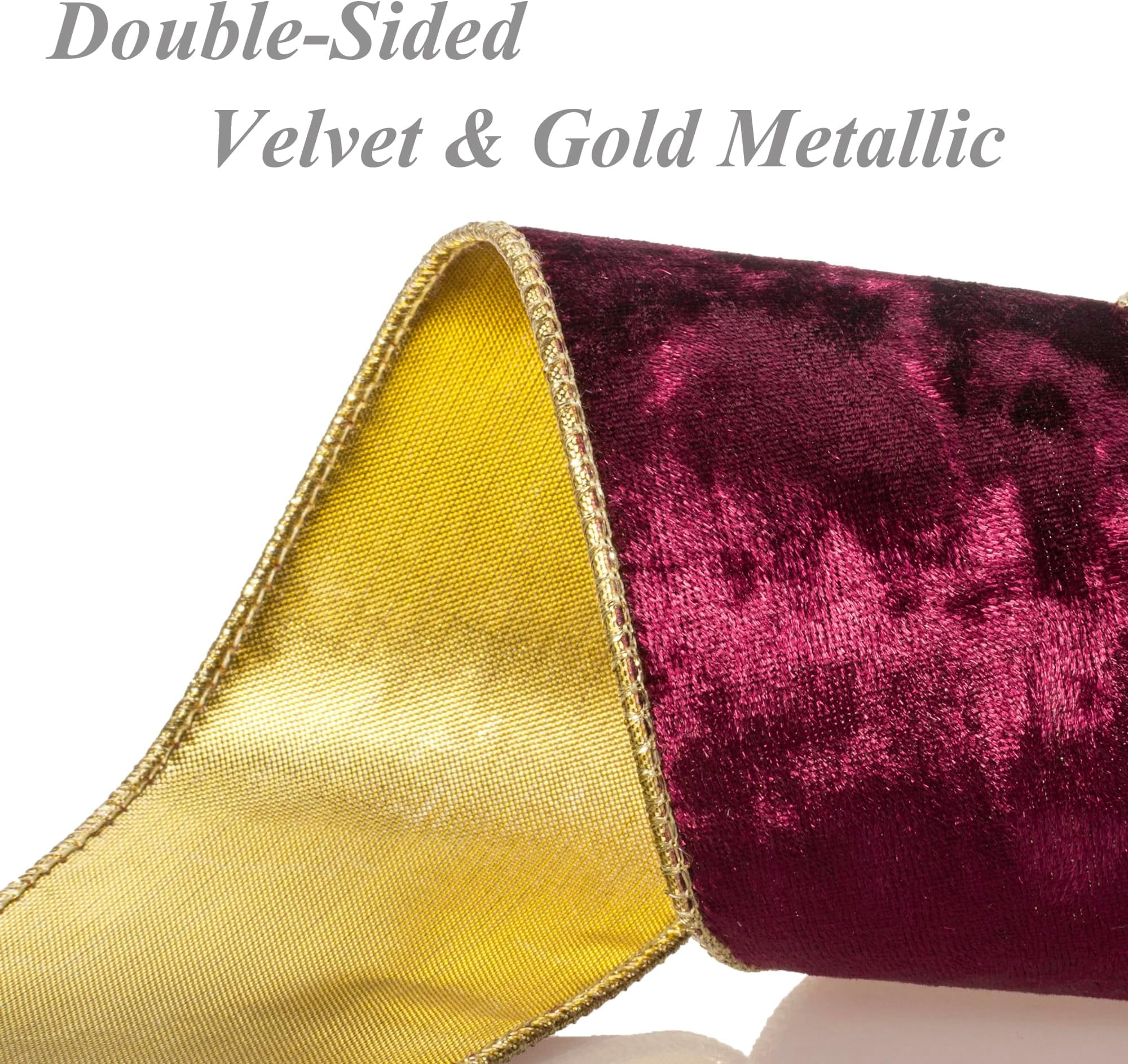 RuiJiao 2.5in Red Velvet Wired Christmas Wired Ribbon with Gold Backside, Red and Gold Christmas Ribbon for Tree Decorations, Wreaths, Crafts, Home Decor, Gift Wrapping