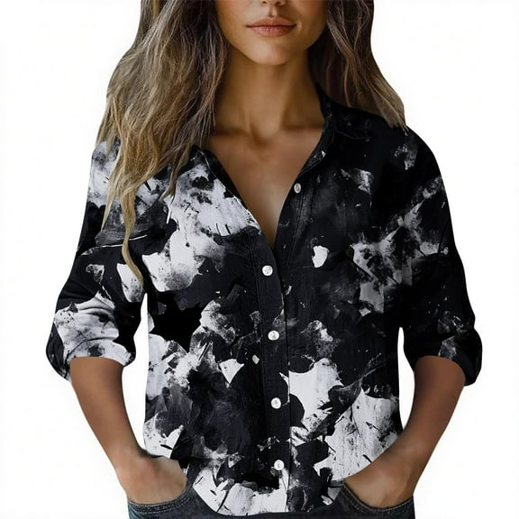 Goodtrade8 Plus Size Blouses for Women Button Collared Casual Printed Long Sleeve Women's Winter Tops