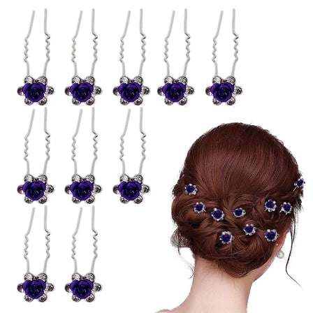 10 Packs Crystal Hair Pins Rhinestone Flower Wedding Hair Piece Rose Rhinestone Insert Hair Accessories for Brides and Bridesmaids Banquet Head Jewelry - Purple