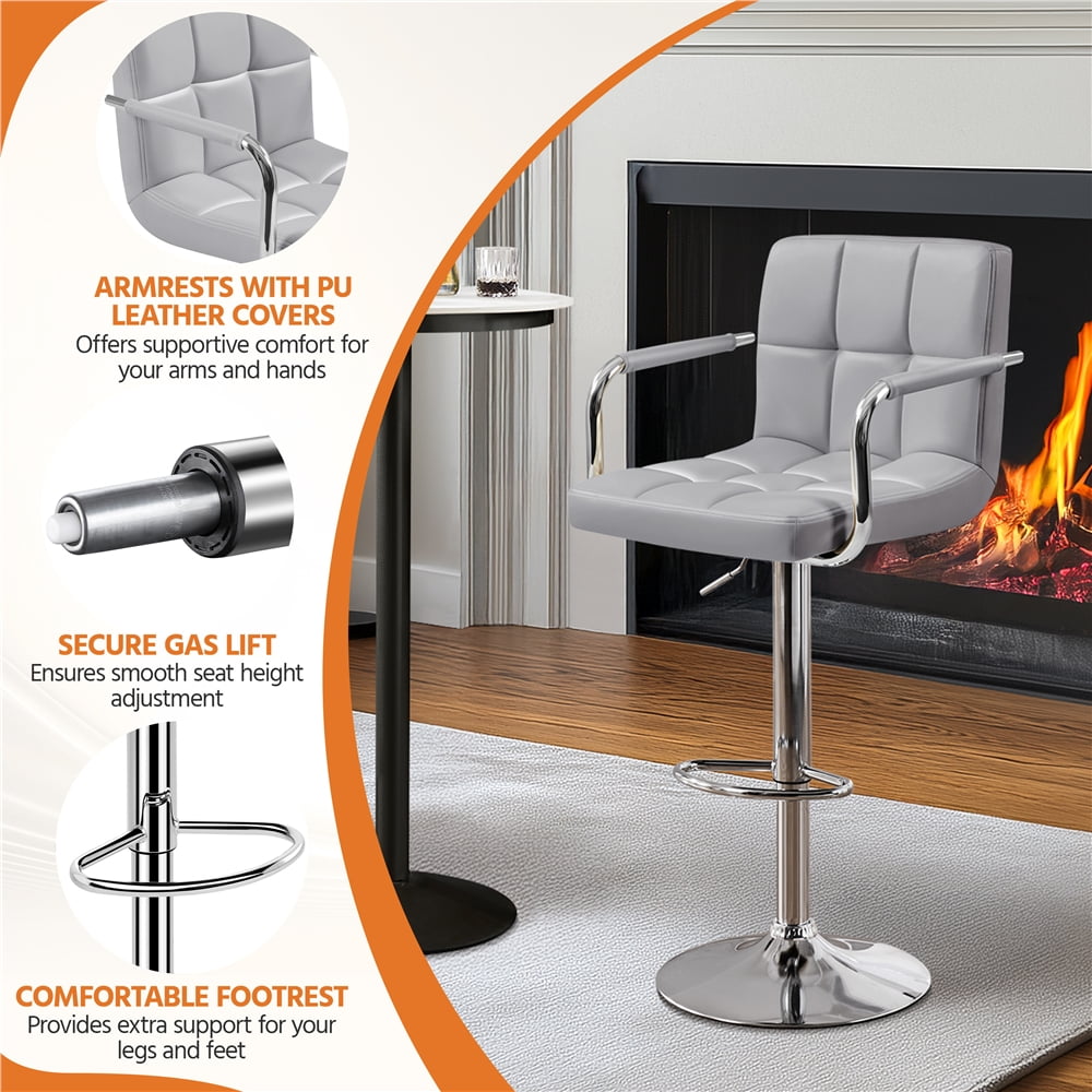 Alden Design Adjustable Swivel Bar Stools Modern Faux Leather Bar Chair Set of 2, Light Grey