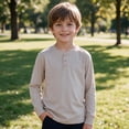 thumbnail image 2 of OGLCCG Boys Henley Shirt Long Sleeve 3 Button Crewneck Fall Tees Casual Pullover Top for School(Beige,9-10 Years), 2 of 7