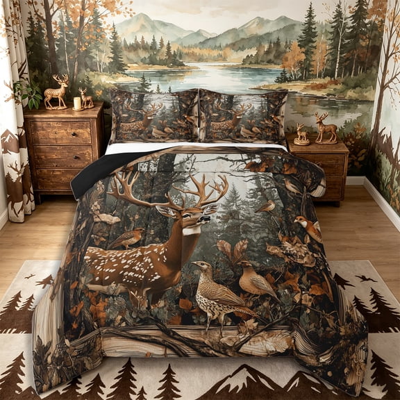 Castle Fairy Rustic Woodland Spotted Deer Full Size Comforter Sets 3-Piece for Teens,Natural Forest Bird Bedding Comforter Set,Brown Green,Black Reversible,1 Comforter and 2 Pillowcases