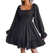 Cogild Women’s Dresses Square Neck Long Sleeve Solid Cute Tunic Mini Dress Swing A Line Sundresses
