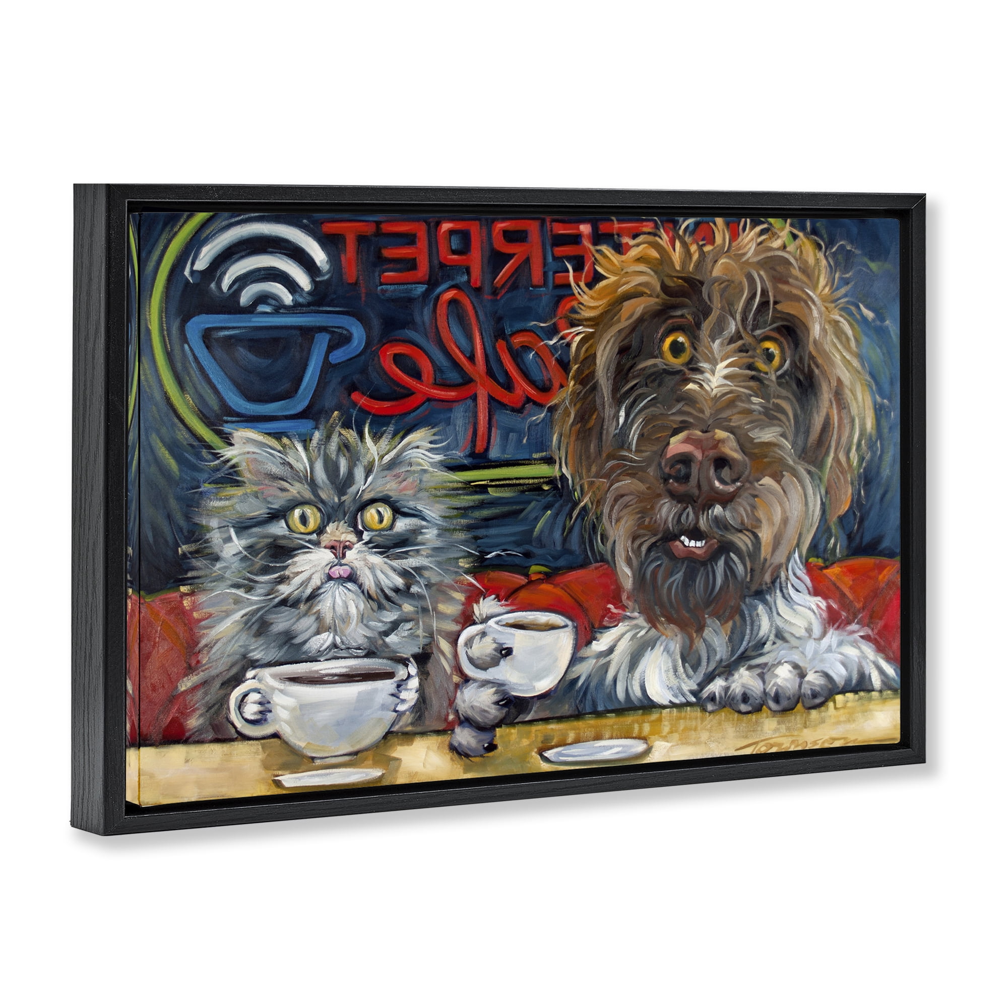 Stupell Industries Pets Wired At The Cafe Black Framed Floater Canvas Wall Art, design by CR Townsend