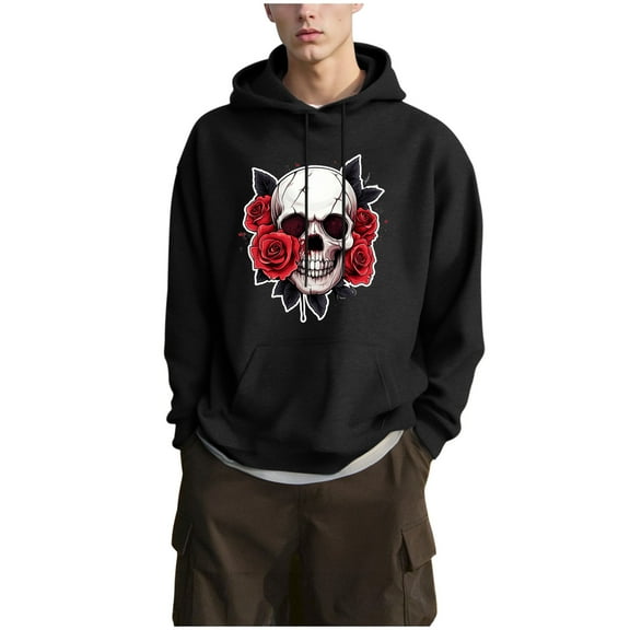 Men's Hoodies Trendy Skeleton Rose Casual Hooded Drawstring Pullover Sweatshirts 100% Cotton Hoodie with Pocket L