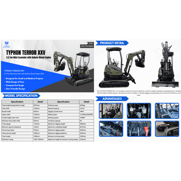 TYPHON Terror XXV 2.5 Ton Mini Excavator with Kubota Diesel Engine