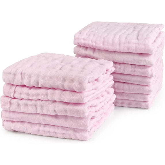 Viviland Baby Muslin Washcloths 12 Pack for Baby's Sensitive Skin, 6-Layer Cotton Bath Towel, Soft Newborn Baby Face Wipes, Great Shower Gift, 12 x 12 inches (Pure Pink)