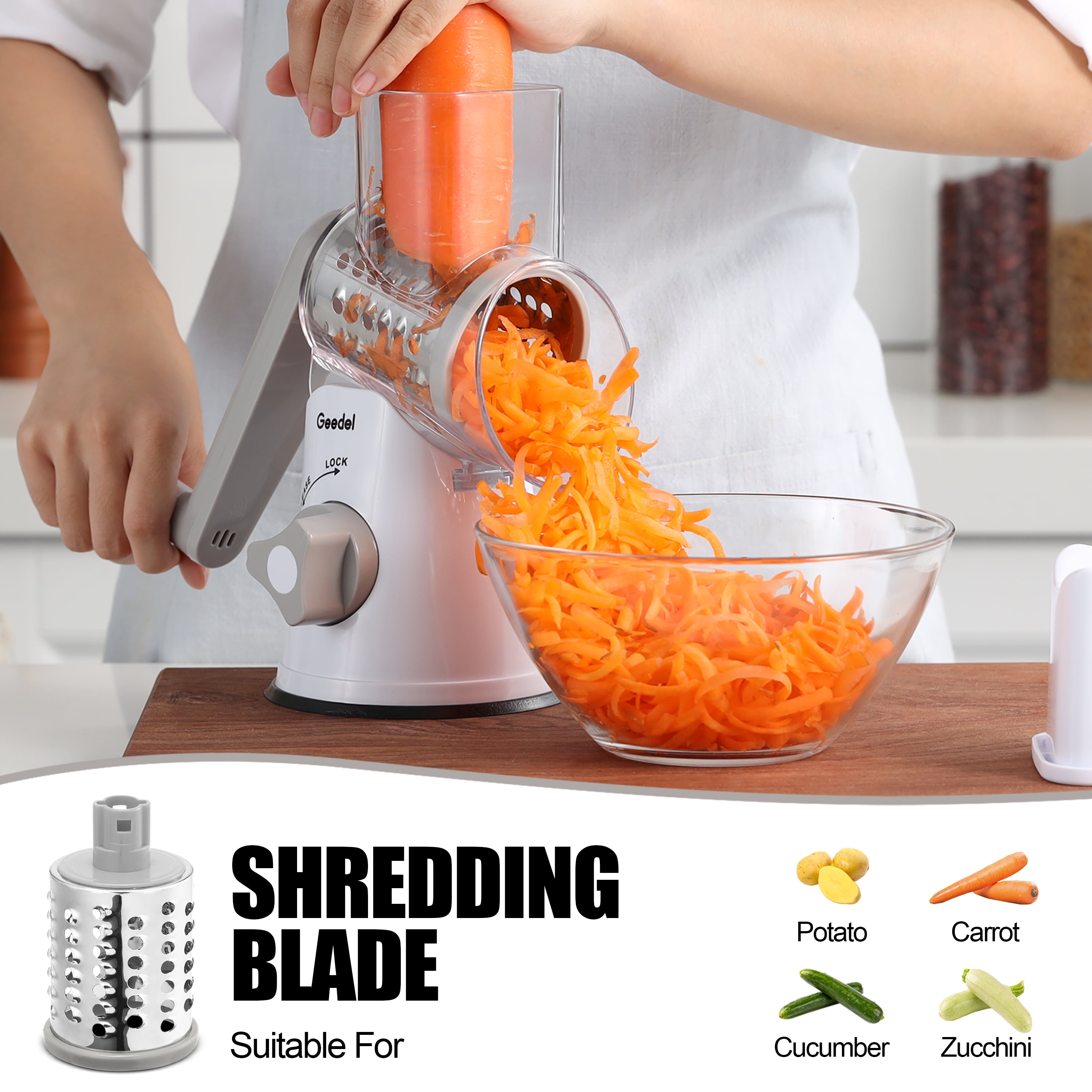 Geedel Rotary Cheese Grater, Kitchen Mandoline Vegetable Slicer With 3  Interchangeable Blades, Easy To Clean Grater For Fruit, Vegetables, Nuts,  Christmas Gift For Family