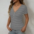 thumbnail image 3 of Uaswgudfs Womens Summer Tops Casual Short Sleeve Striped Color Block Ribbed Knit Button Down V Neck Shirts Slim Fitted Henley Tops, 3 of 8