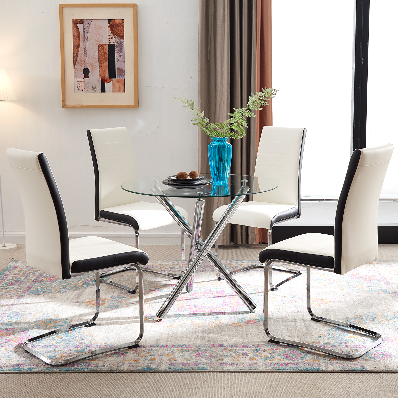 5 Pieces Dining Room Table Set Round Glass Table Top with 3 Metal Legs