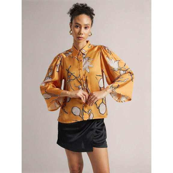 Zaccai Women's Mustard Satin Abstract Button Down Shirt
