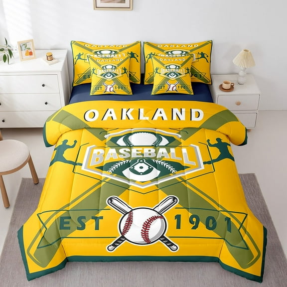 Erosebridal Baseball Bedding 7PCS Twin Size Comforter Sets Sports Bedding Sets Baseball Team Comforter Set,1Comforter,1Flat Sheet,1Fitted Sheet,2Pillowcases,2 Throw Pillow Covers,Oakland