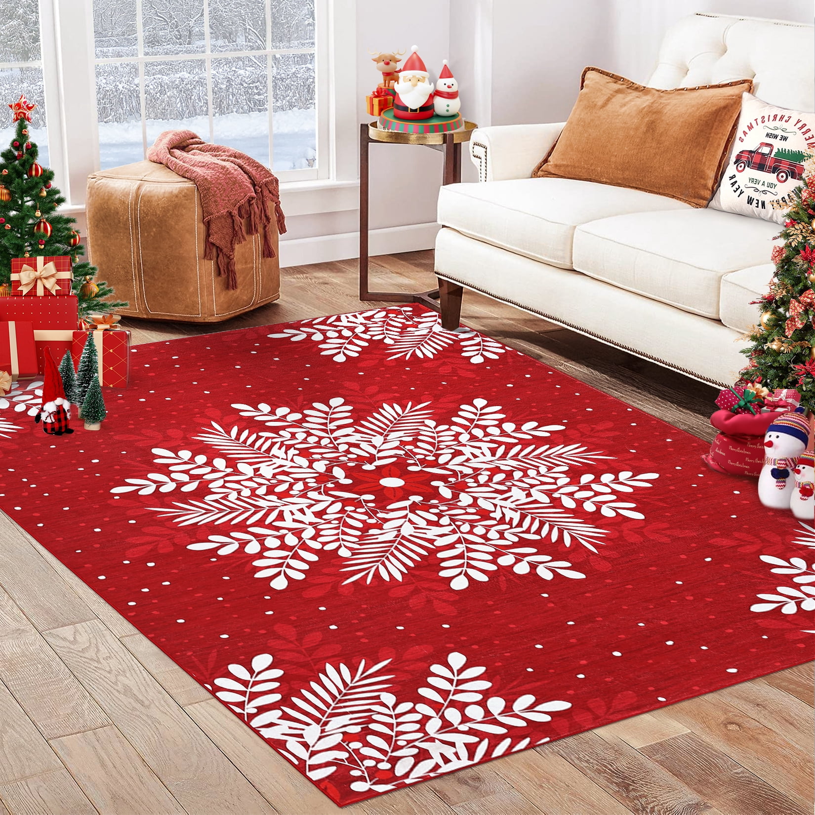 Christmas Area Rug, Non-Slip Washable Snowflake Living Room Rug, Soft Low Pile Rug Holiday Decor Xmas Floor Carpet for Living Room, Bedroom